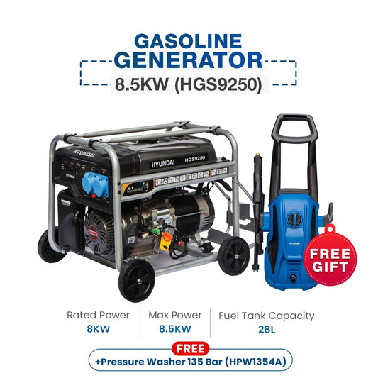 Hyundai Gasoline Generator 8.5 KW (HGS9250) With Free 135 Bar Pressure Washer
