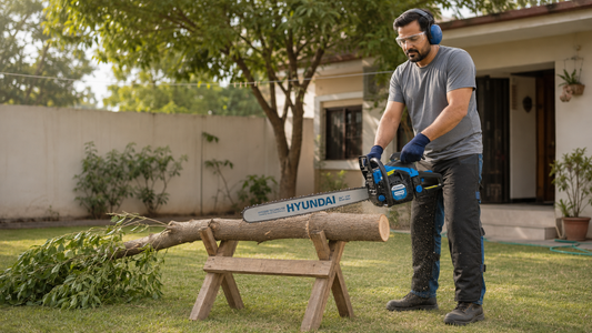 Man using an electric chainsaw safely to cut tree branches at home in Pakistan