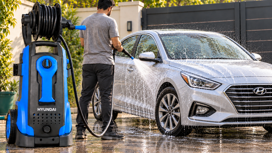 Man washing a silver car with a high-pressure water jet outside a Pakistani home.