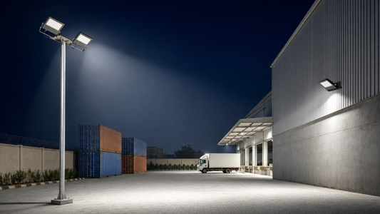 LED flood lights lighting a warehouse yard at night in Pakistan, wattage matched to a large area