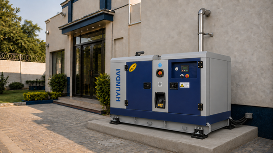 Canopied diesel generator for office backup power outside a small business building in Pakistan